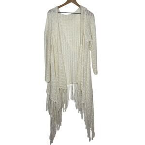 Cato Open Knit Hooded Cardigan Size 18/20W White Fringe Boho Festival Cottage